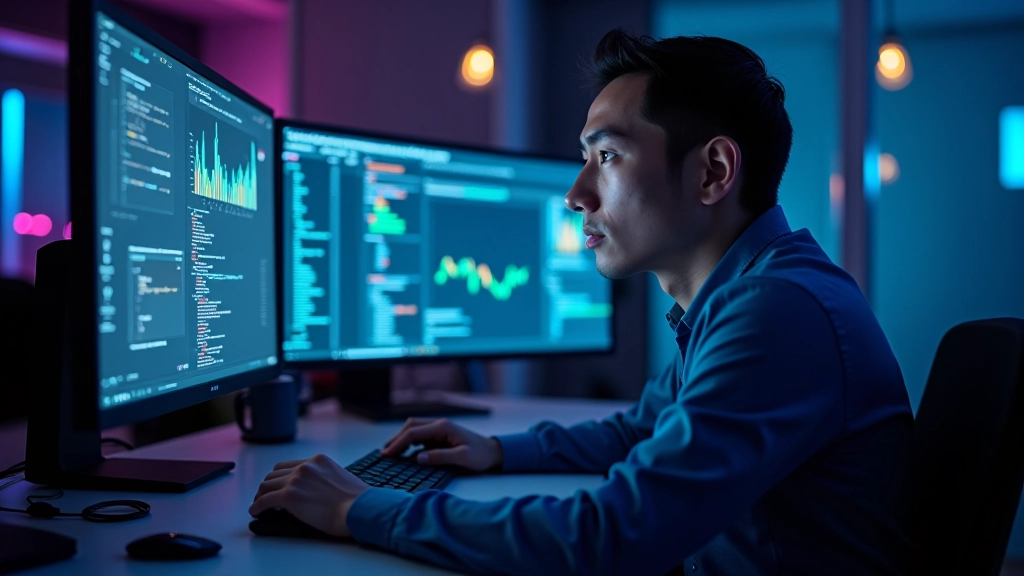 Programuotojas žiūri į kelis monitorus su grafikais ir analitika, šviesi neoninė šviesa fone