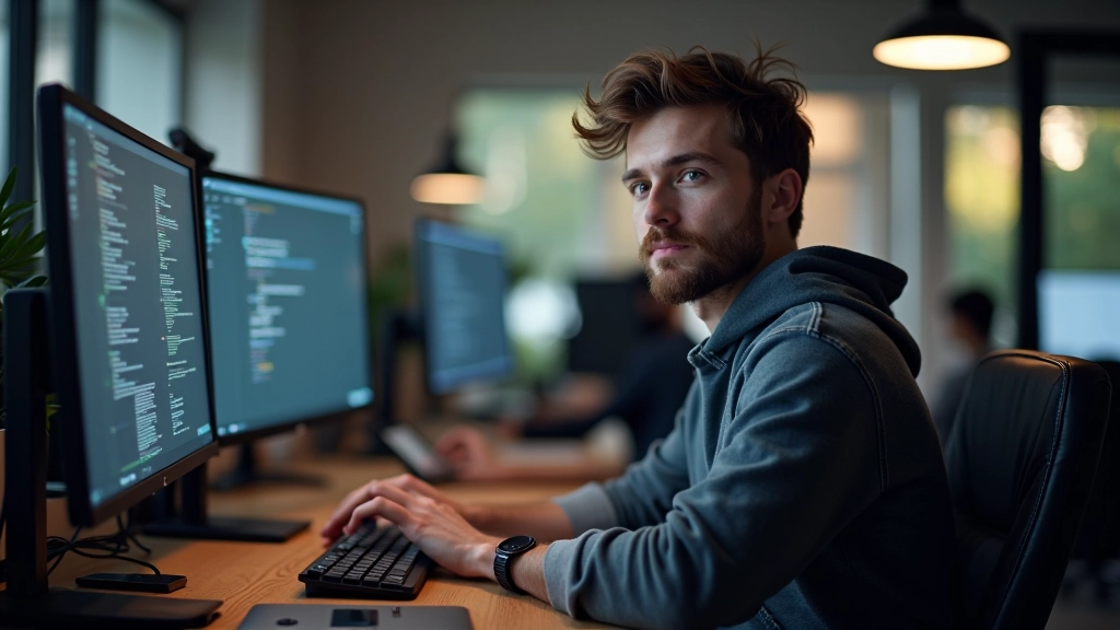 Programuotojas skaitomoje pozoje prie kelių monitorių su Visual Studio Code atidarytu