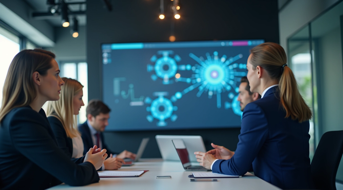 Moderni biuro aplinka su technologijomis, komanda diskutuoja apie dirbtinį intelektą